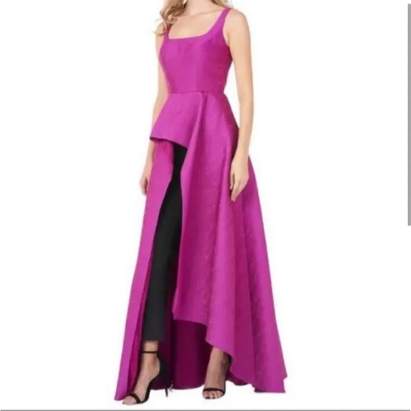 NWT KAY UNGER Jacquard Asymmetric Ruffle Maxi‎ Romper jumpsuit Cerise Sz 8 - Image 2