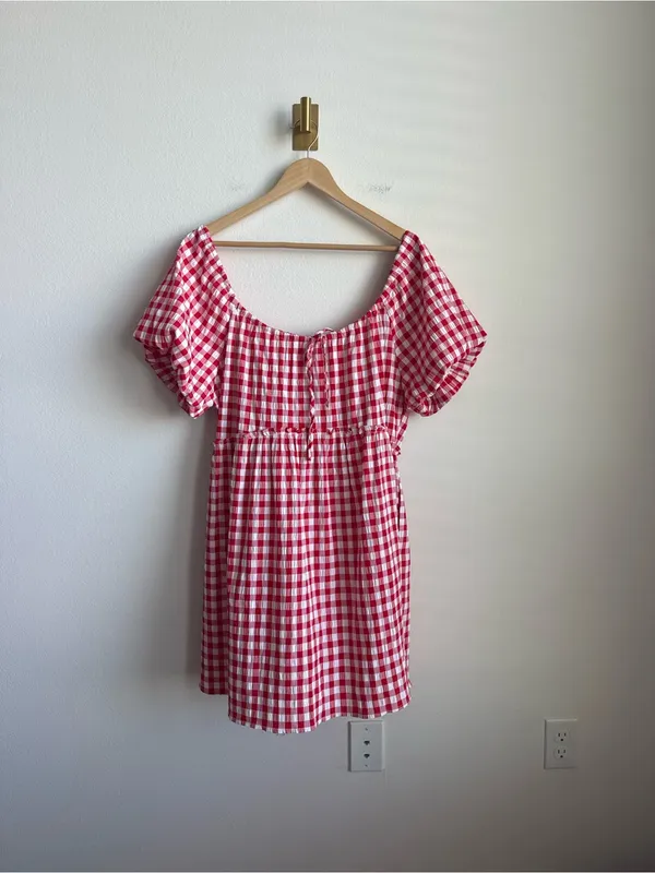 Petal + Pup Dorothea Gingham Mini Dress Red White Smocked Large - Image 6