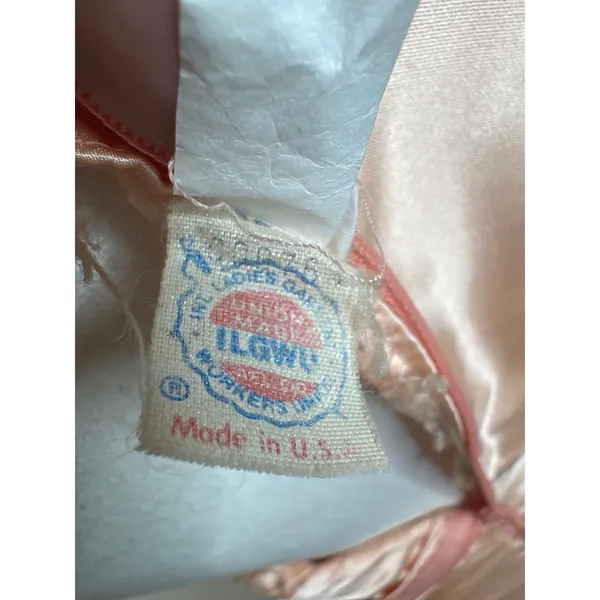 Vintage 80s Peach Satin Prom Dress ILGWU Drop Waist Puff Sleeve Bow Hi Low - Image 8