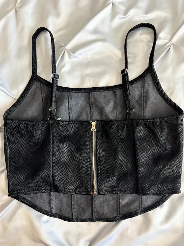 Black Faux Leather Corset Crop Top with Spaghetti Straps - Image 2