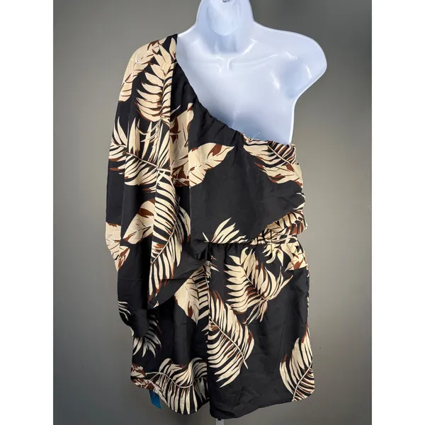 CUPSHE One Shoulder Tropical Palm Print Romper Black Resort Vacation NWT Large‎ - Image 5