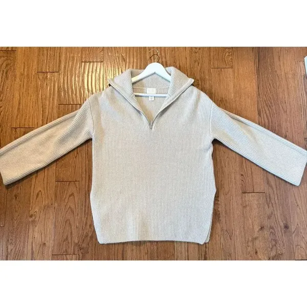 H&M light weight beige melange wool blend ribbed quarter zip sweater small - Image 6