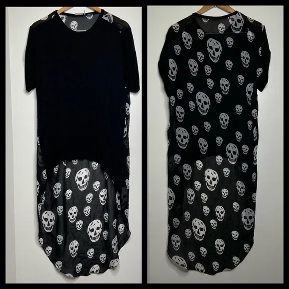 Tobi Skull Print Hi Low Long Duster Top Size Medium Thin Fabric Black White Goth - Image 3
