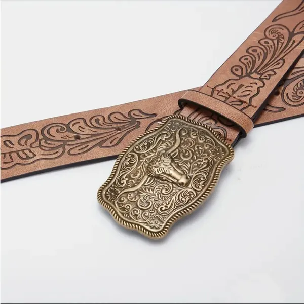 Western Bull Head Buckle Unisex‎ Belt Vintage Embossed Brown PU Leather Belt - Image 12