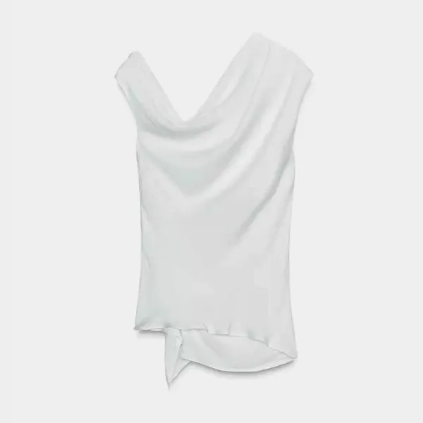 Zara NWT white draped satin effect ruched asymmetrical hem gold brooch top - Image 2