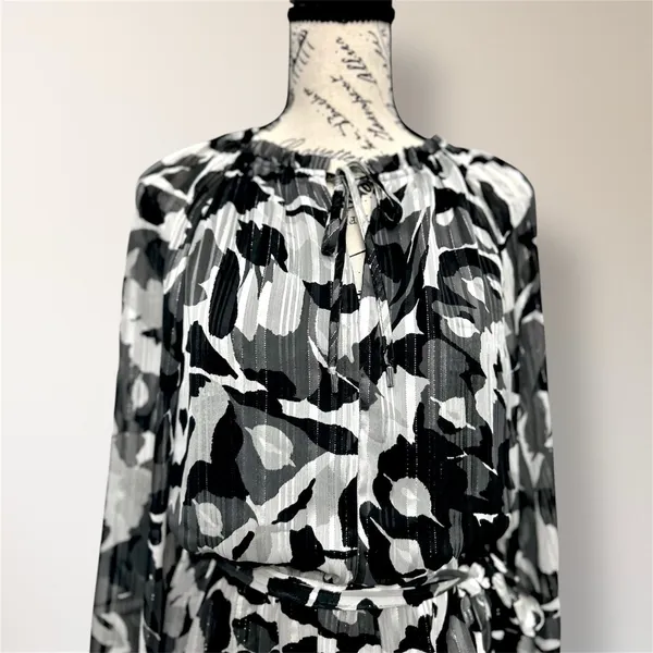 White House | Black Market Black White Chiffon Midi Dress Belted Sheer Sleeve Autumn Wedding Guest - Image 6