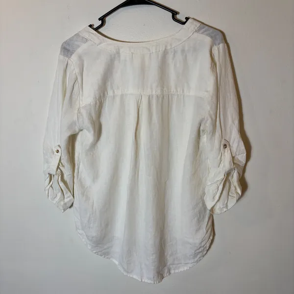 Maeve Anthropologie Cream Linen‎ Lace-Up Tunic Top Roll-Tab Sleeve Blouse Size 6 - Image 5