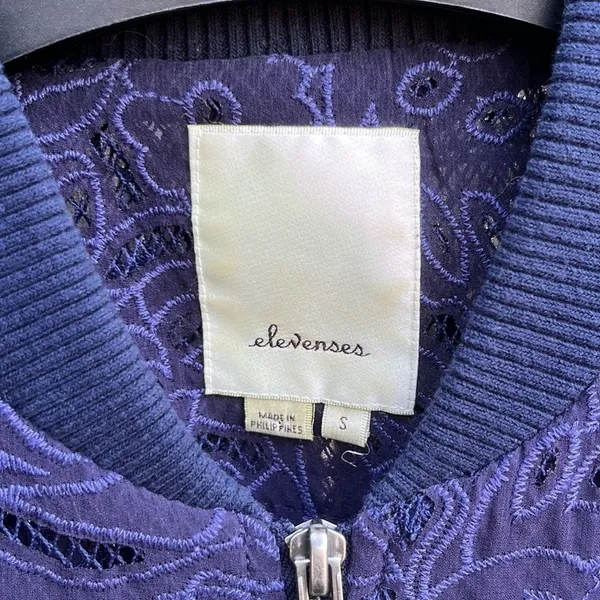 Anthropologie EUC Elevenses Miranda Lace Bomber Jacket Purple Oversized Small - Image 4