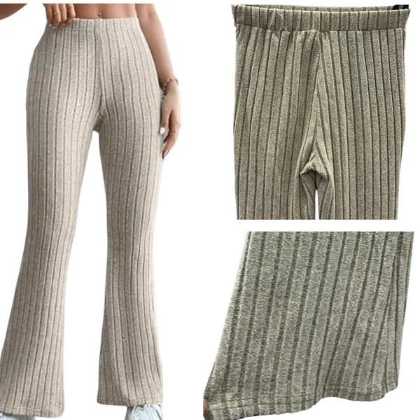 Source Unknown Khaki High Waisted Wide Ribbed Pull On Flare Legging Stretch Pants Womens Small - Image 2