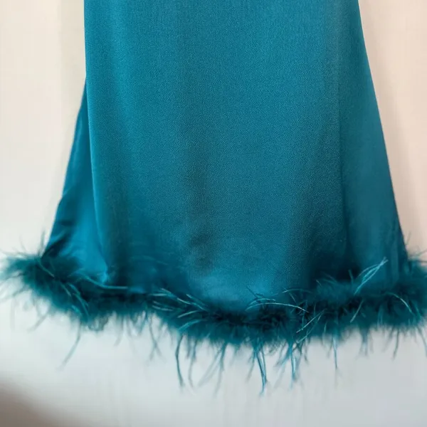 NWT Thirty Thirty Feather Trimmed Cocktail Party Slip Dress in Emerald Size M - Image 4