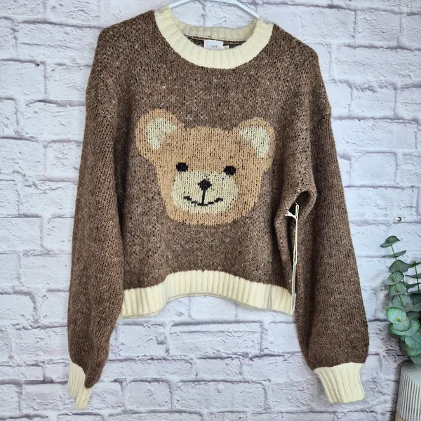 Luna Ivy Teddy Bear Graphic Sweater NWT M Brown Knit Crewneck Cropped Preppy - Image 2