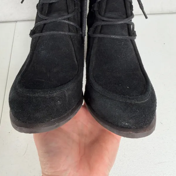 UGG 10 Analise Ankle Boots Black Suede Shearling Lace Up Stacked Heel Booties - Image 8