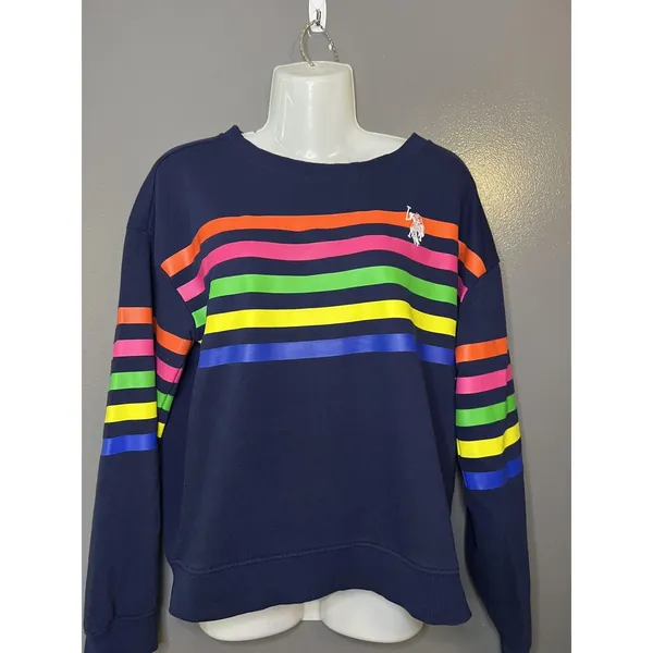 U.S. Polo Assn Sweatshirt Womens Medium Navy Rainbow Stripe Fleece Pullover - Image 2