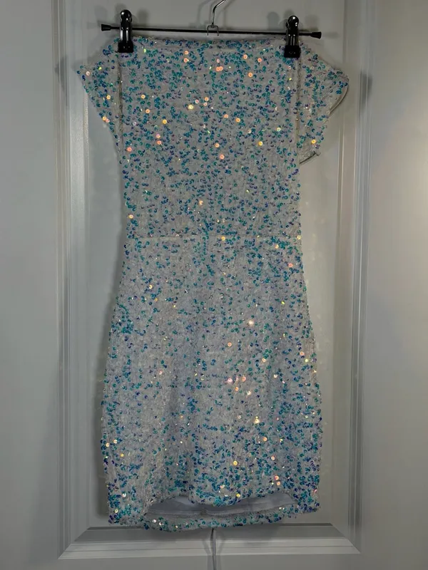 Lucy in the Sky White Iridescent Sequin Cowl Neck Lace Up Mini Dress Size S - Image 4