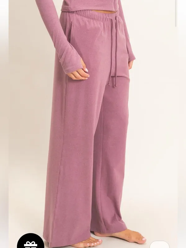 Dusty Mauve Plum Zip Up Top Wide Leg Pants Set Small - Image 7