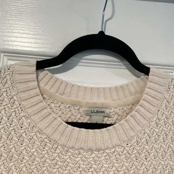 L.L. Bean Size S Cream Cotton Waffle Knit Long Sleeve Crew Neck Pullover Sweater - Image 3