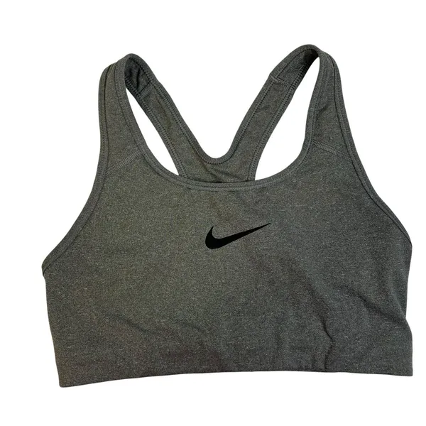 Nike M Medium Sports Bra Racerback Center Swoosh Logo Gray Black Workout Fitness - Image 2