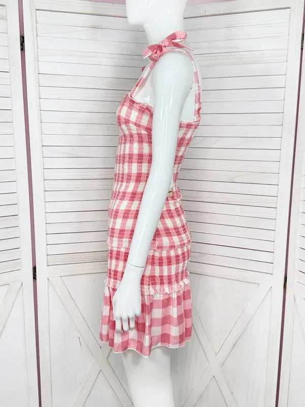 Sincerely Jules Gingham‎ Check Smocked Ruffle Mini Dress Red White Medium Preppy - Image 3