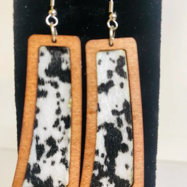 Cow Print Wooden Earrings Black - Image 3
