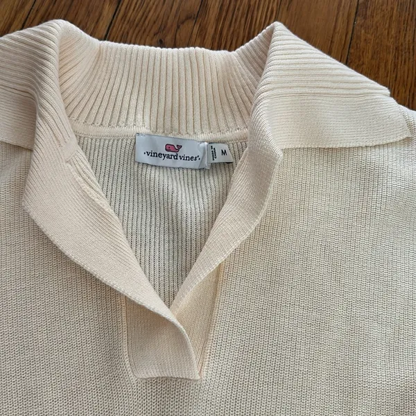 Vineyard vines Cream popover open collar knit polo Sweater poly wool blend M - Image 2