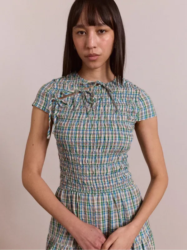 DAMSON MADDER NWT Ebba Smocked Midi Dress in Picnic Blue Check Cottagecore US 2 - Image 2