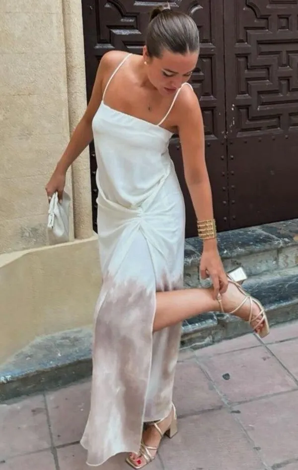 Zara NWT white beige brown ombré tie dye detail spaghetti strap midi maxi dress - Image 8