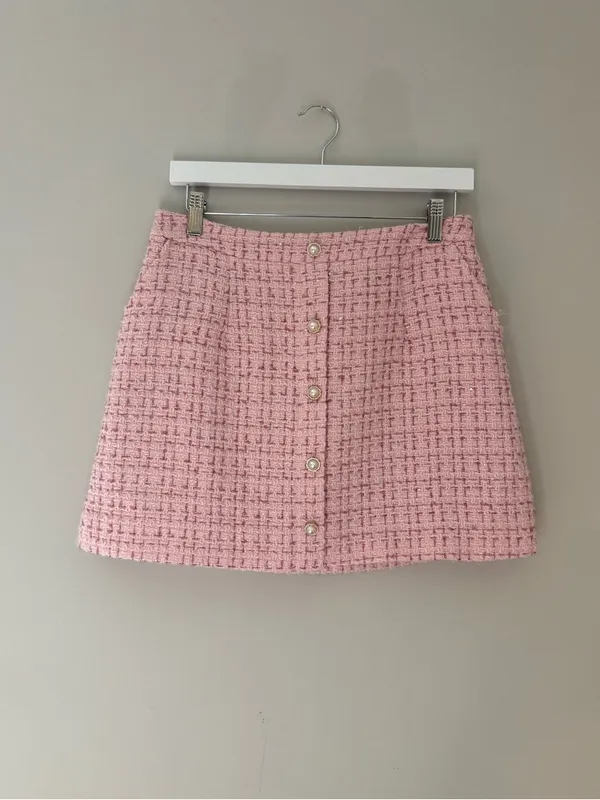 Lulus Charmed Perfection Pink Tweed Sequin Pearl Mini Skirt Large - Image 3