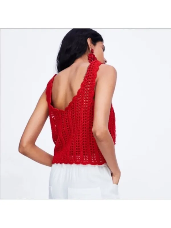 Zara Red Crocheted Fringe Crop Tank Top - Image 3