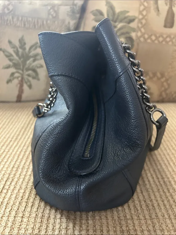Coach Edie Turnlock Dark Navy Blue Pebbled Leather Shoulder Bag w/ Chain Straps - Image 4