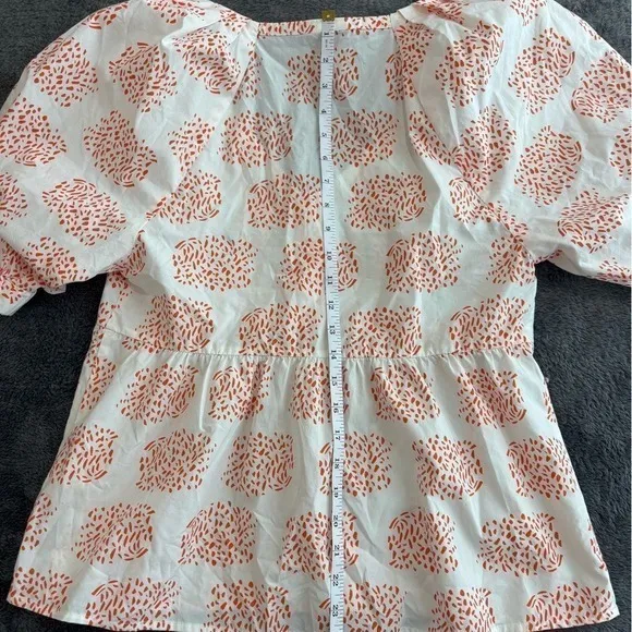 Anthropologie Moglea Orange White Abstract Print‎ Puff Sleeve Babydoll Top XS - Image 7