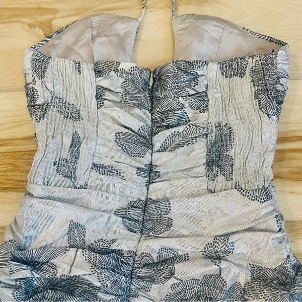 ZARA METALLIC DRAPED HALTER MINI DRESS SILVER W/ Black Floral Zipper Size Small - Image 7