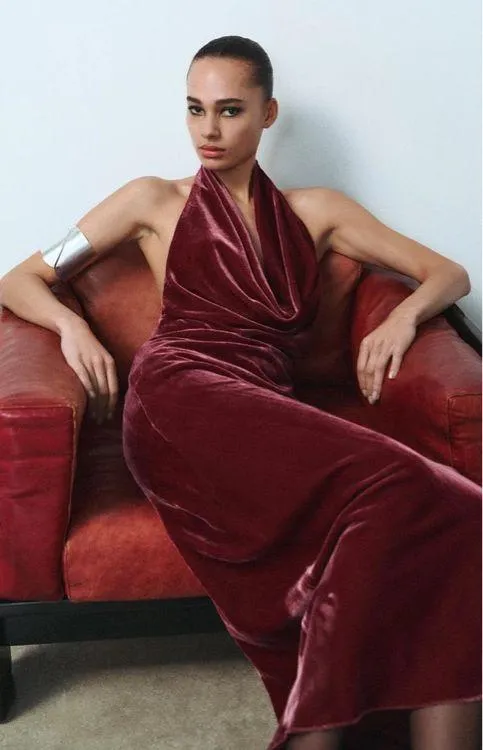 Zara maxi holiday dress velour Velvet Halter in Burgundy wedding party evening - Image 10
