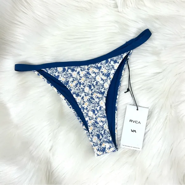 NWT RVCA Blue Daisy Floral Skimpy Coverage High Cut Leg Bikini Bottoms Size M/10 - Image 3