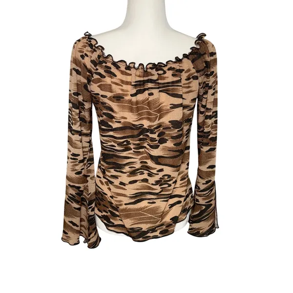 Y2K Jostar Brown Gold Animal Print Glitter V-Neck Bell‎ Sleeve Top USA Made M/L - Image 3