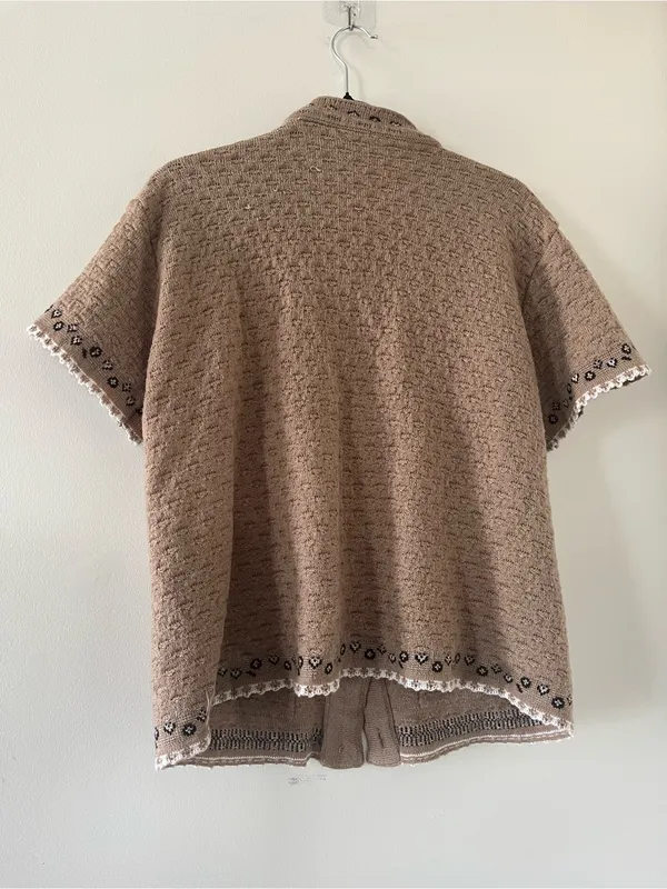 Brown Knit Short Sleeve Cardigan Sweater Large Embroidered Grandpa Folk Cottage - Image 5