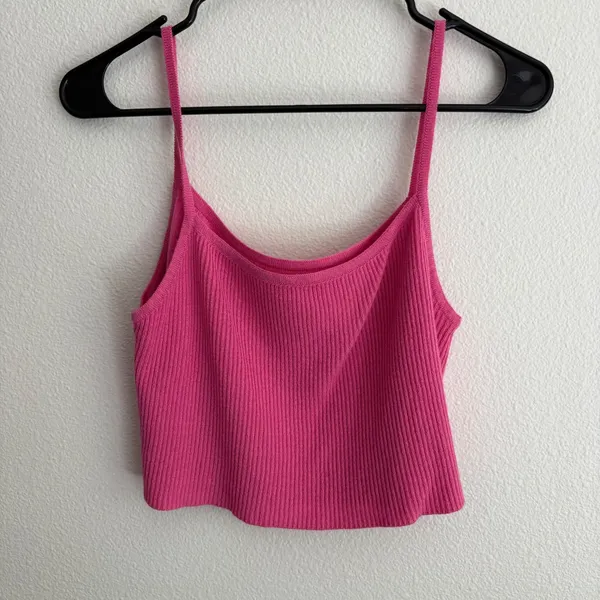 Hot Pink Ribbed Knit Cropped Cami Spaghetti Strap Square‎ Neck Tank Top - Image 4