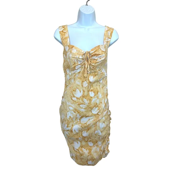 Louna Yellow Floral Ruched Mini Slip Dress XS Cotton Vacation Designer $200 - Image 5