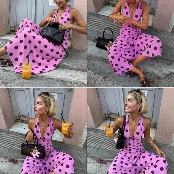 Alyweatry Pink Polka Dot Halter Maxi Dress Ruched V Neck Y2K Summer Sundress - Image 5