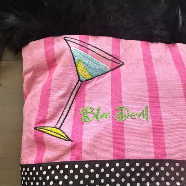 Vintage Blue Devil Pink Striped Martini Zebra Trim Faux Fur Tote Purse - Image 5