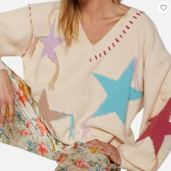 POL Patchwork Star Sweater - Beige V Neck Thick Knit Size Medium - Image 2