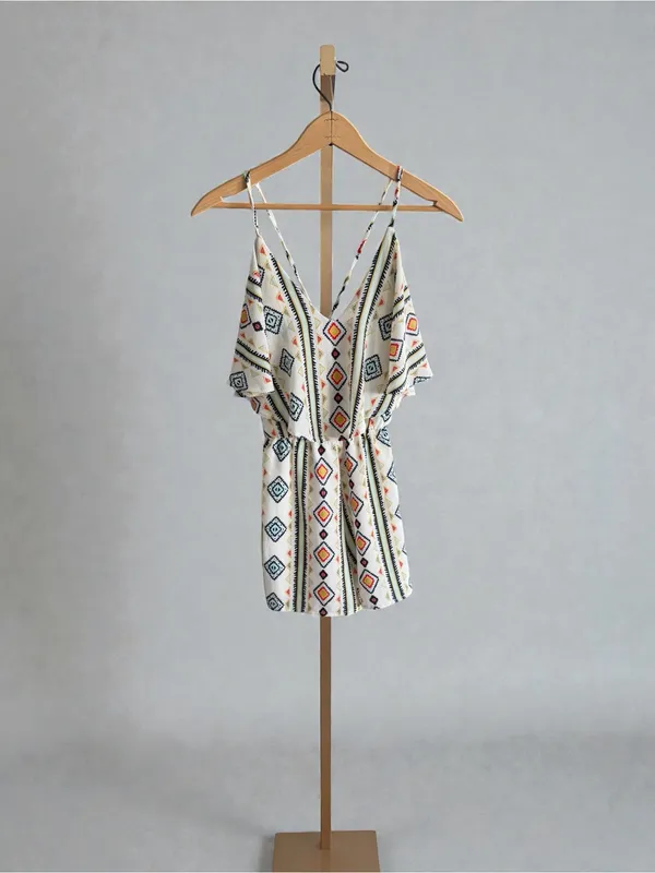 Crystal Sky White‎ Romper with Colorful Geometric Trim - Image 3