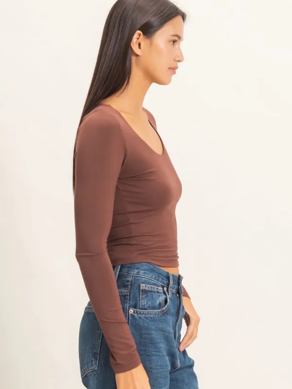NEW Double Zero Chocolate Brown Scoop Neck Long Sleeve Tee – Large - Image 4