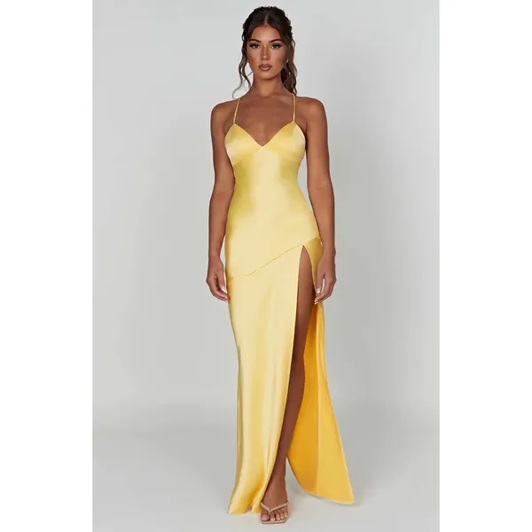 NWT Babyboo Isobel Lemon Yellow Satin Lace Up Back High Slit Maxi Dress Size M - Image 7