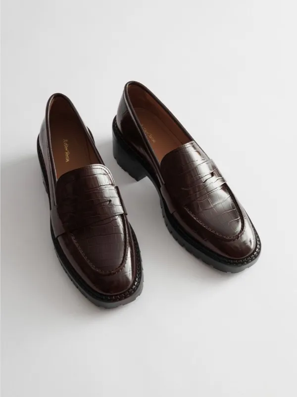 & Other Stories Croc Embossed Block‎ Heel Loafers in Dark Brown Size 10.5 - Image 11