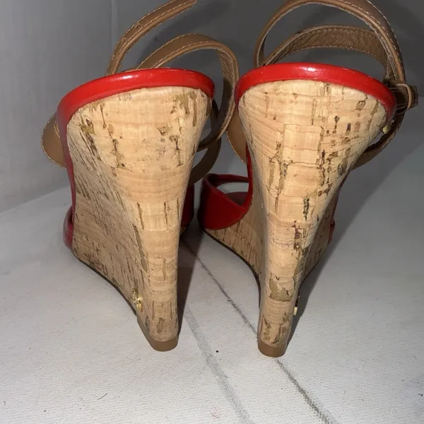 Tory Burch Red Patent Leather Cork Wedge Ankle Strap Peep Toe Sandals size 7.5 M - Image 15
