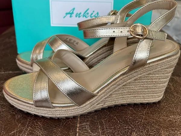 Ankis Metallic Gold Crisscross Straps Ankle Buckle Espadrille-Style Wedge Sandal - Image 8