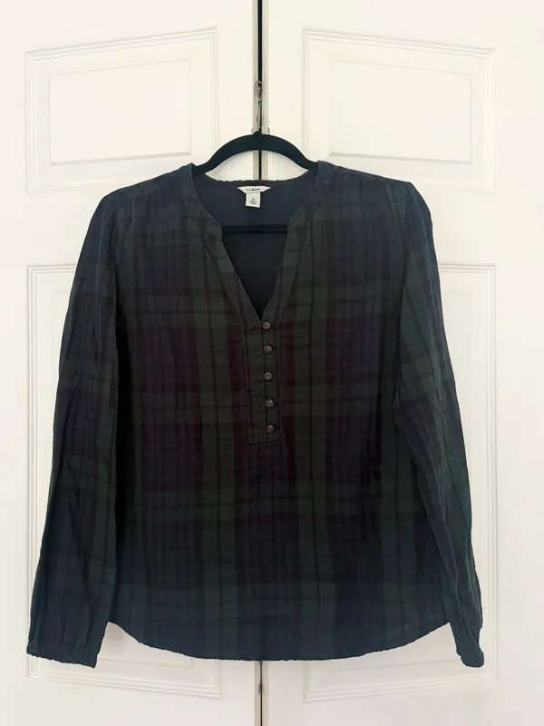 L.L. Bean Green Blue Plaid Tartan Blouse Peasant Top 100% Cotton Size Medium - Image 2