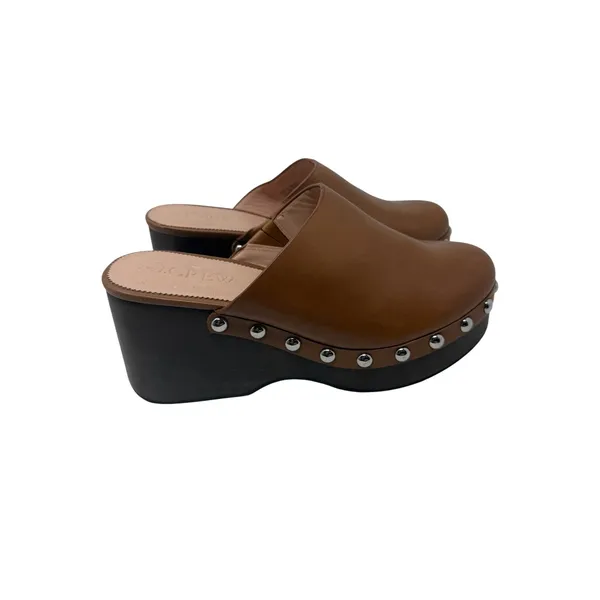 J.Crew Slip-On Studded Platform Clogs Leather Brown Wood Wedge Heel Size 8.5 - Image 3