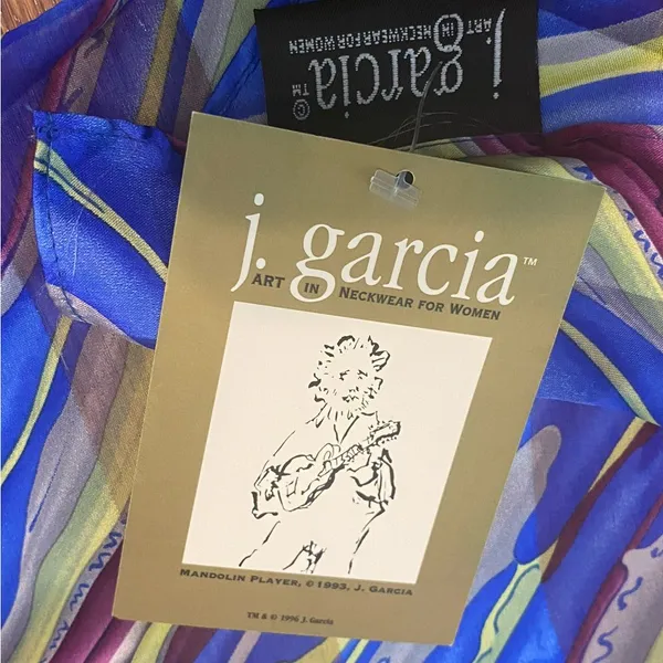 Vintage NWT Jerry Garcia J. Garcia Blue Yellow‎ Purple Women’s Scarf 100% Silk - Image 2
