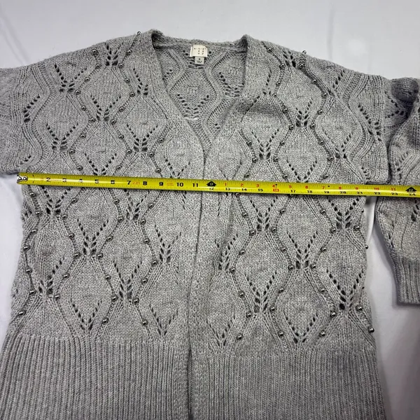 A New Day Grey Pointelle Beaded Open Front Cardigan Sweater Size M - Image 7